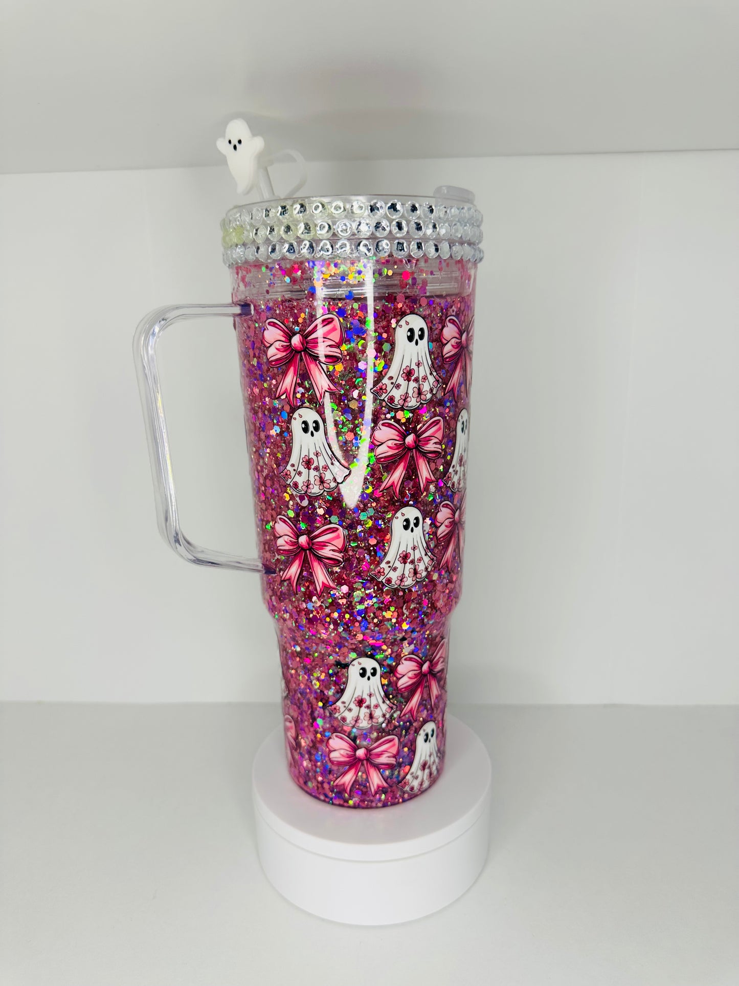 40oz pink ghost snowglobe tumbler