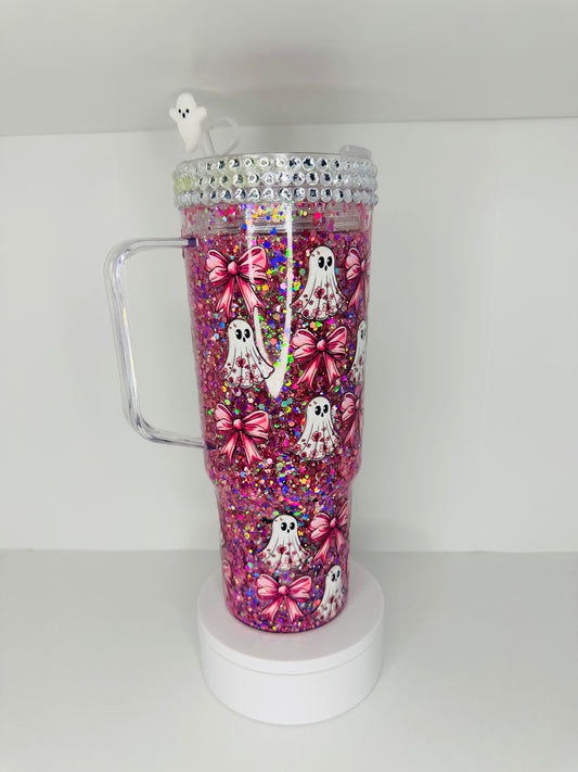 40oz pink ghost snowglobe tumbler